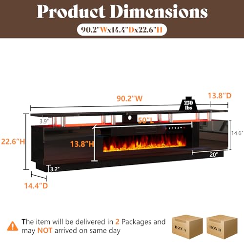 AMERLIFE 90" High Gloss 2 Tier TV Stand with 50" Electric Fireplace, Modern Luxury Large Entertainment Center/w LED Lights, Media Console Table Storage Cabinet for TVs Up to 100", Living Room, Black AMERLIFE