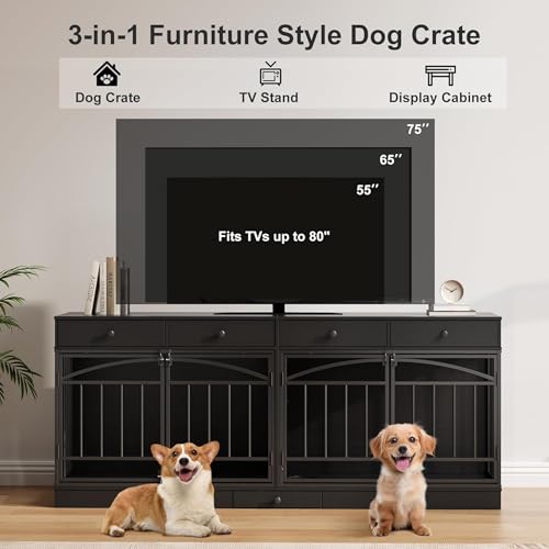 GAOMON Dog Crate Furniture for 2 Dogs, 78.7'' Large Dog Kennel Indoor with 4 Storage Drawers and Feeding Bowls, Double Dog Crate TV Stand for Small and Medium Dogs, Black GAOMON