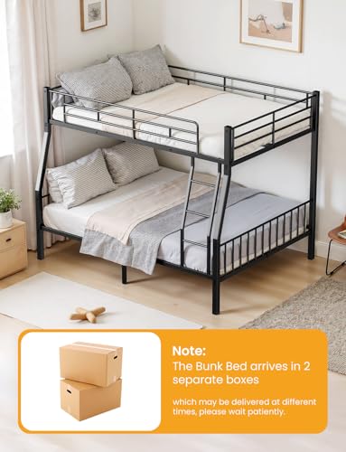 Miscoos Full XL Over Queen Bunk Beds for Adults, Heavy-Duty Metal Bunk Bed Frame with Non-Slip Ladder and Safety Full-Length Guardrails for Kids Teens Adults, Space-Saving, Black Miscoos