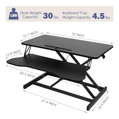 Royjhnl Standing Desk Converter 32 Inch, Height Adjustable Sit-Stand Workstation, Dual Monitor Riser with Wide Keyboard Tray - Office & Home Use, Black (Black) Royjhnl