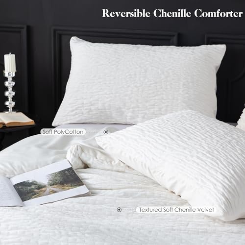 COTTEBED Reversible Chenille Cotton Twin Size Comforter Sets, Luxury Textured Stripe Soft Bedding Comforter Modern for Kid Child Teen Boy College Dorm,Lightweight All Season(White,Twin/Twin XL) COTTEBED