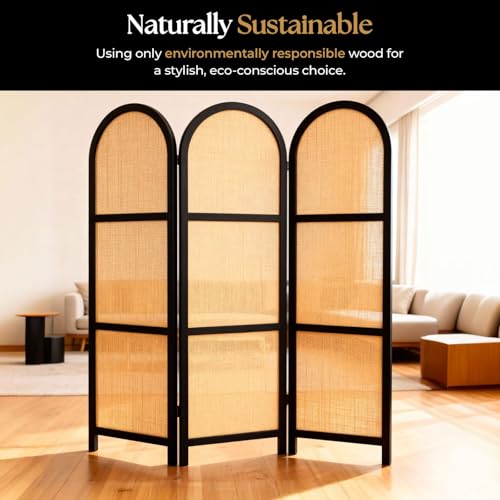 ELK & ELDER 3-Panel Room Divider | Folding Privacy Screen with Arched Dark Wood Frames and Light Woven Panels | Portable Divider for Home,Office, Living Room, Bedroom | 66" H x 56" W |Dark Wood/Beige ELK & ELDER