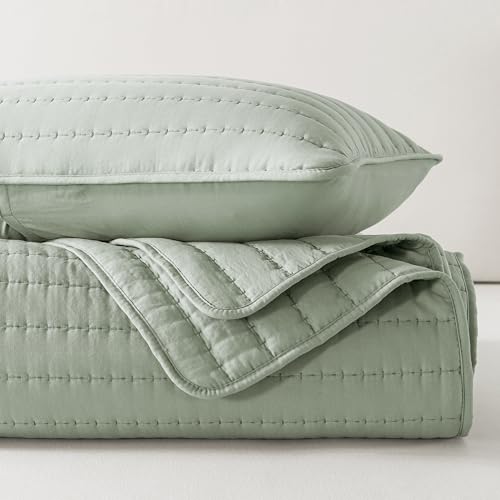 ROARINGWILD Sage Green Twin Size Quilt Bedding Sets with 1 Pillow Sham, Lightweight Soft Bedspread Coverlet, Quilted Blanket Thin Comforter Bed Cover for All Season, 2 Pieces, 68x90 inches ROARINGWILD
