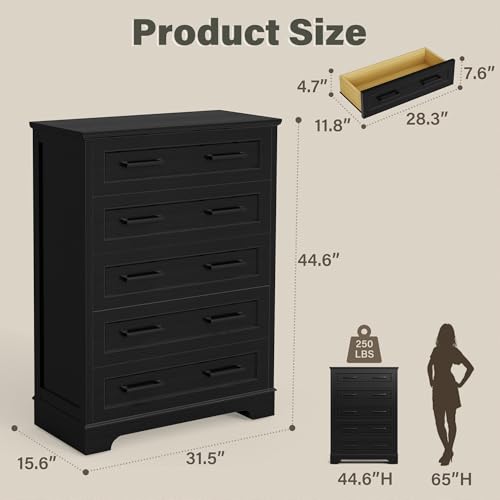 YESHOMY Tall Dresser for Bedroom,Farmhouse 5 Drawers Dresser, Chest of Drawer Chest, Multi-Tier Clothing Storage Cabinet, Black