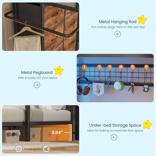 Twin Over Twin Bunk Bed with 8 Storage Drawers, Upholstered Storage Headboard, Charging Station and LED Lights, Heavy-Duty Metal Bunk Bed with Safety Guardrail & Ladder, Twin Bunk Beds for Kids, Teens mojiasion