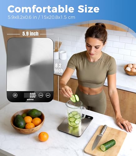 BakFee Food Scale, 33lb Rechargeable Kitchen Scale with Stainless Steel, Grams and Ounces, USB Charging, 1g High Accuracy for Baking, Cooking & Food Prep, Black, BK806