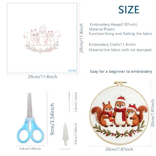 Zhenqing Three Christmas Squirrels Embroidery Kit for Beginners, Pre-Printed 29x29cm Circular Cotton Fabric with 20cm Hoop, Festive Animal Holiday Decor (C0198)