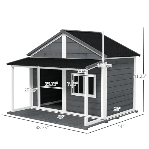 PawHut Outdoor Dog House Cabin Style, Wooden Raised Pet Kennel with Asphalt Roof, Front Door, Side Window, Porch for Medium/Large Dogs, Loading 53 Lbs., Grey PawHut