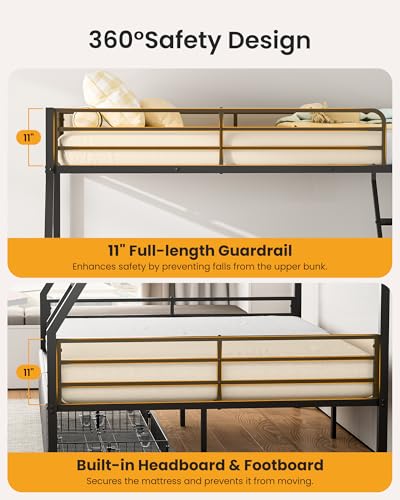 Mixcous Bunk Beds Twin Over Full Size, Heavy Duty Bunk Beds with 2 Storage Drawers, Safety Guardrails & Padded Ladder, Twin Over Full Bunk Bed, No Box Spring Needed, Black Mixcous