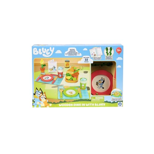 Bluey - Dine in with Bluey Set, 32-Piece Wooden Toy Set with Magic Asparagus, Plates, Utensils & More, Perfect for Role-Play & Imaginative Fun, FSC-Certified, Suitable for 3 Years & Up BLUEY