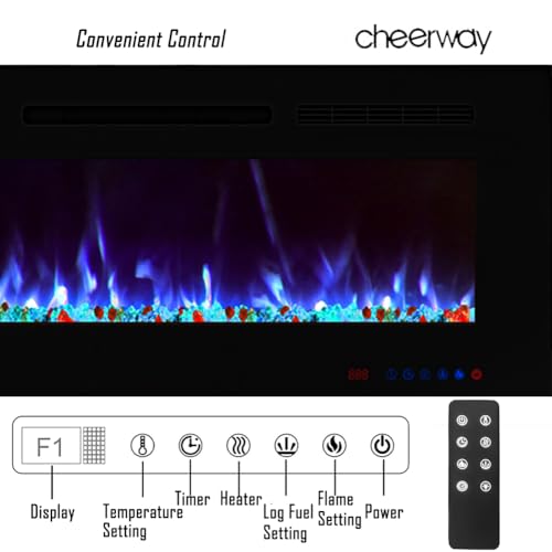 Cheerway 42 inch Electric Fireplace with Heater, Wall Mounted & Recessed Electric Fireplace Insert, Linear Wall Fireplace w/Thermostat, 13×13 Flame Color, Remote & Touch Control w/Timer, 750W/1500W Cheerway
