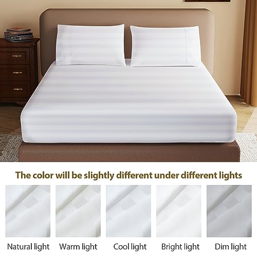 100% Egyptian Cotton Fitted Sheet King Size, 600 Thread Count, Single Fitted Sheet Only,16" Deep Pocket Sheet, Soft & Elastic Sateen Weave Bottom Sheet for Hotel & Home (White-Stripe, King) Zaizaihome
