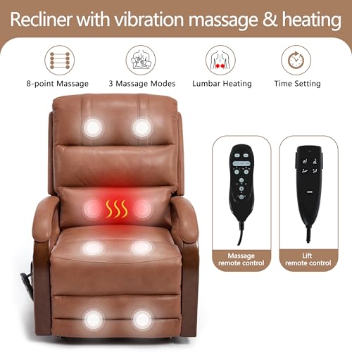 Power Lift Recliner Chair for Elderly People, Dual Motor Lift Chair with Vibration Massage and Heat, Lay Flat Recliner with Solid Wood Armrest, Standing Assistance Reclining, Faux Leather Yellow Brown