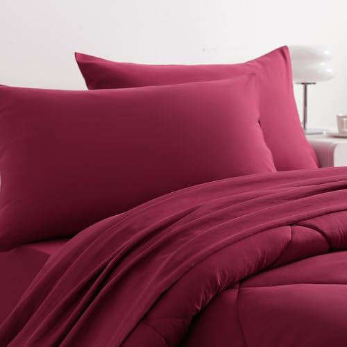 NTBAY Twin Comforter Set with Sheets, 5 Pieces Soft and Breathable Twin Bedding Set, Twin Bed in a Bag, Down Alternative Comforter Set Solid Color All Season, Kids Bedding Set, Wine Red NTBAY