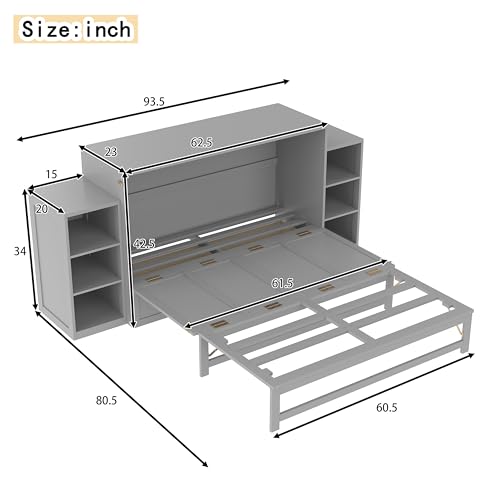 Bellemave Queen Size Murphy Bed, Cabinet Bed with 2 Shelves and Storage Drawers, Farmhouse Murphy Cabinet, Noisy Free, for Guest Bedroom, Living Room, Office, Light Gray Bellemave