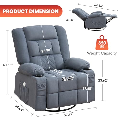 Rocker Recliner Chair with Heating and Kneading Massage for Adults,360ยฐSwivel Rocker Recliner with Cup Holder and USB Charge Port for Living Room,Bedroom, Nursery