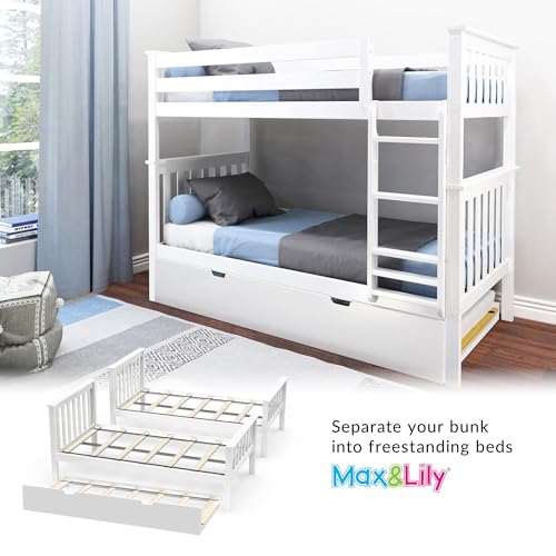 Max & Lily Bunk Bed, Twin-Over-Twin Wood Bed Frame For Kids With Trundle, White Max & Lily