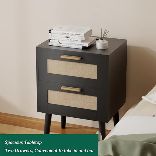 Ltysh Nightstand with Charging Station,2 Set Rattan Night Stand with Solid Wood Legs, Bedside Table with USB Ports & Outlets Bed Side Table,End Table for Bedroom,Living Room(Black-Set 2) Ltysh