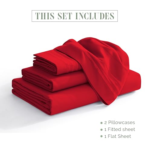 Elegant Comfort Luxurious 1500 Premium Hotel Quality Microfiber Three Line Embroidered Softest 4-Piece Bed Sheet Set, Wrinkle and Fade Resistant, Queen, Red Elegant Comfort