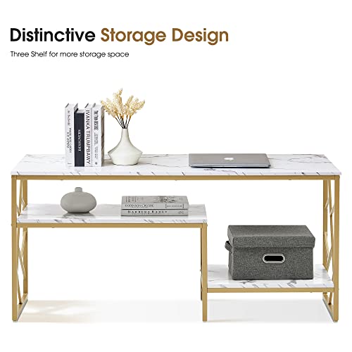 ivinta Narrow Console Table, White Entryway Table with Storage Shelf, Faux Marble Top Sofa Table with Gold Metal Frame, Modern Hallway Couch Table for Small Spaces, 6026 ivinta