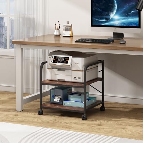 Fannova Under Desk Printer Stand, 20 Inches Deep Large Printer Table with Height Adjustable Storage Shelf, 2 Tier Rolling Printer Cart with Wheels for Home Office - Rustic Brown Fannova