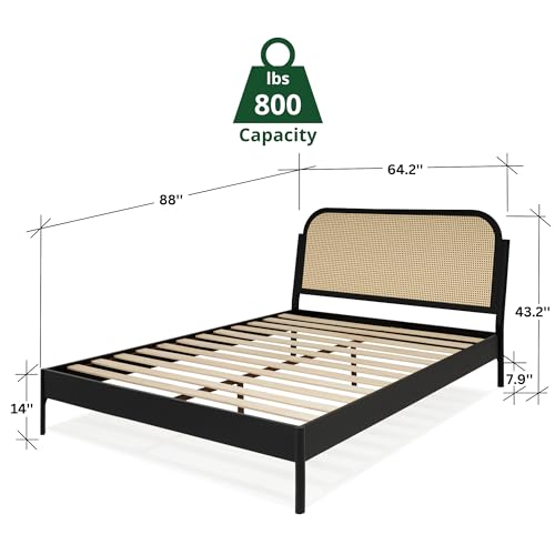Aurelia Queen Size Bed Frame - Stylish Black Bohemian & Mid Century Modern Design with Solid Wood Support Bme