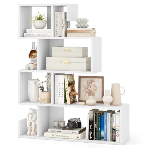 Tangkula 5-Tier S-Shaped Bookshelf – Modern Geometric Display Rack in White for Home & Office Tangkula