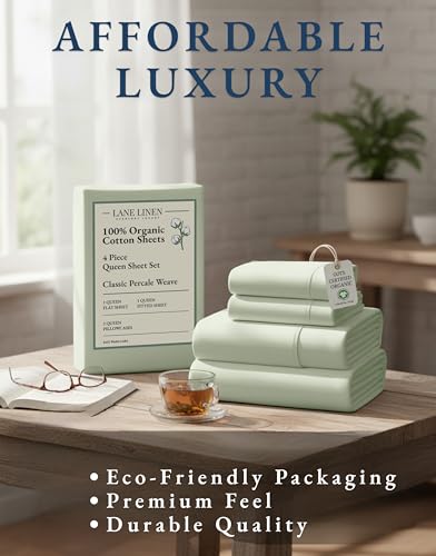 LANE LINEN 100% Organic Cotton Sheets Queen Size Bed Set, Machine Wash Eco Friendly Sustainably Produced Cotton Queen Sheet Set, Soft & Comfy Long Stabple Naturally Cooling Sheets– Mineral LANE LINEN