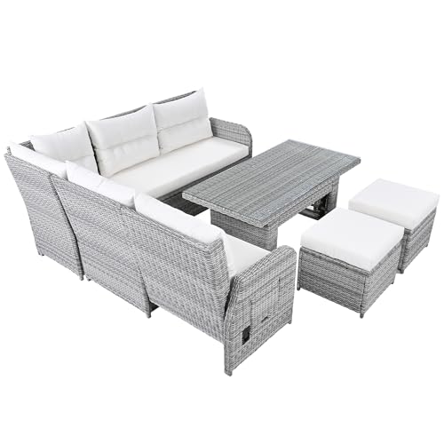 YOPTO 8-Piece Outdoor Furniture Couch Set,Rattan Patio Conversation Sectional Sofa Set with Adjustable Table,Recliners W/Extendable Side Tables & 2 Movable Ottomans,for Patio,Lawn,Backyard,Pool,Beige YOPTO
