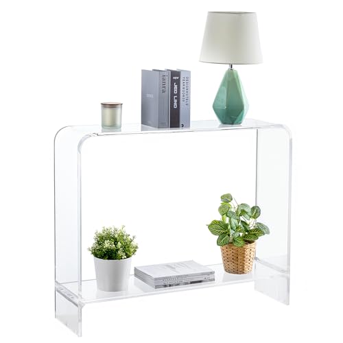 MyGift Premium 15mm Clear Acrylic Entryway Console Table with Bottom Display Shelf, 2 Tier Living Room Sofa Back Storage Shelves Modern Luxury Home Decor MyGift