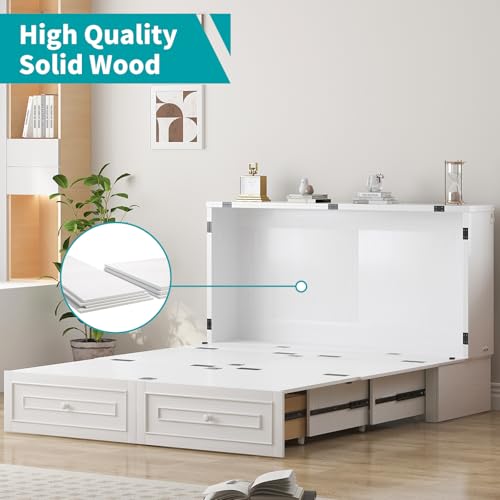 BALUS 63.4" W Queen Size Murphy Bed Cabinet with Tri-Folding Mattress and Storage Drawers, Modern Adults Chest Cube Cabinet Bed with Built-in USB Charging Station for Living Bedroom Apartment, White BALUS