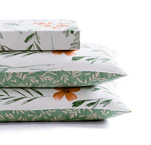 SLEEPBELLA Duvet Cover Set 600 Thread Count Cotton Bedding Set (Full, White&Green Floral) SLEEPBELLA