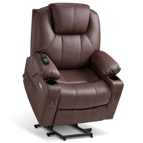 MCombo Large Power Lift Recliner Chair with Massage and Heat for Tall Elderly People, 3 Positions, Cup Holders, and USB Ports, Faux Leather 7516 (Large, Light Brown)
