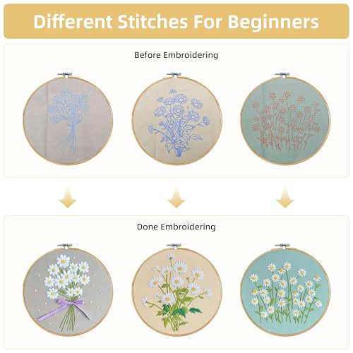 KEKEMEOW 3 Sets Embroidery Kit for Beginners, Stitches with Wild Flower Patterns, DIY Cross Stitch Kits for Adults, Needlepoint Hand Embroidery Kit with Stamped Pattern、Instruction、Hoop
