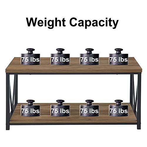 FOLUBAN Rustic Coffee Table with Storage Shelf, Vintage Wood and Metal Cocktail Table for Living Room, Oak FOLUBAN