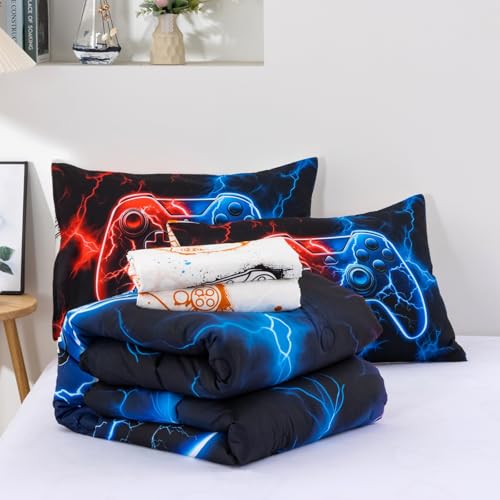 Meeting Story Full Size Bed in A Bag 5 Pieces Gaming Bedding Set for Boys RedBlue Gamer Comforter with Sheet Set for Kids Teen Cool Video Game Black Quilt Bedding Set(RedBlue) Meeting Story