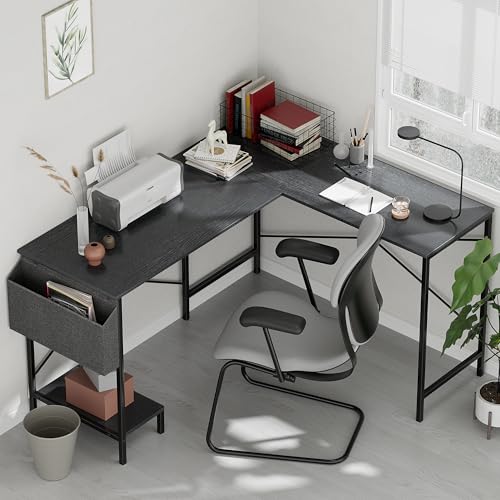 L Shaped Desk Gaming Computer 50 Inch Reversible Corner Table PC Work Table for Writing Study Student with Wood Tabletop Metal Frame CPU Stand Side Bag for Home Office Small Place Simple Deluxe