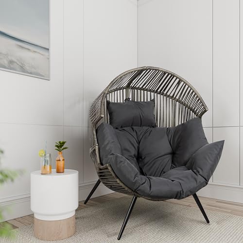 Shintenchi Wicker Egg Chair, Outdoor Rattan Patio Chair with Cushion,Oversized Patio Lounge Chairs with Cushion Egg Basket Chair, Egg Seat for Indoor Living Room Bedroom Outside,Grey Shintenchi