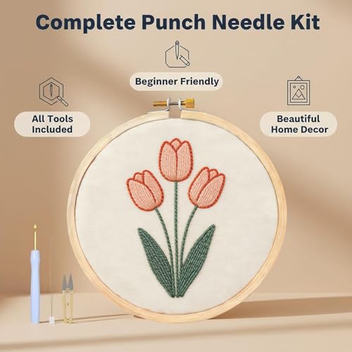 AohaiNova Punch Needle Kits for Adults Beginner,Punch Needle Starter Kit Easy,Embroidery Punch Needling Kits,DIY Punchneedle Kit All Supplies with Wooden Hoop/Patterns/Yarns/Instruction (07-Rose)