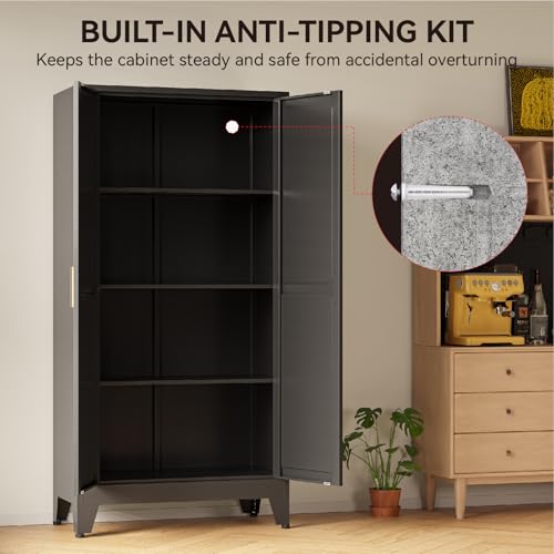COFaR 61" Metal Pantry Cabinet in Black, Modern Storage Cabinet with Adjustable Shelves, Sturdy Metal Cupboard for Kitchen, Office, Living Room & Bathroom Organization COFaR