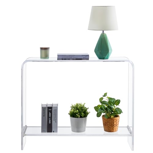 MyGift Premium 15mm Clear Acrylic Entryway Console Table with Bottom Display Shelf, 2 Tier Living Room Sofa Back Storage Shelves Modern Luxury Home Decor MyGift