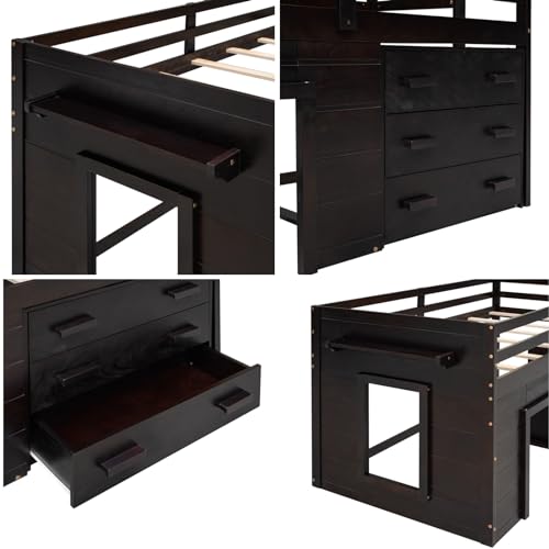 Merax Twin Wooden Loft Bed,Wood Bedframe for Kids Teens, Adults Bedroom with Cabinet, Shelf, Stairs, Espresso Merax