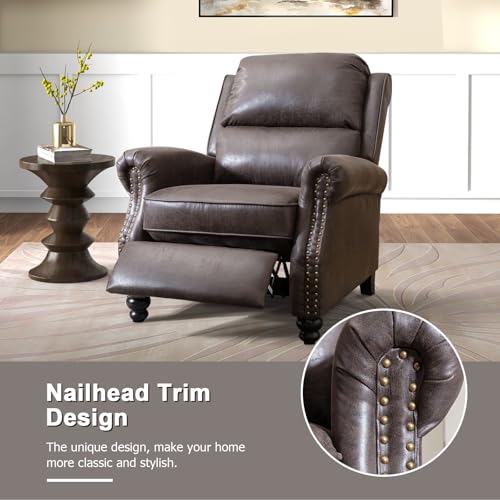 CANMOV Pushback Recliner Chair Faux Leather Armchair Push Back Recliner with Rivet Decoration Single Sofa Accent Chair for Living Room, Dark Grey