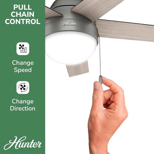 Hunter 59270 Anslee Indoor Low Profile Ceiling Fan with LED Light and Pull Chain Control, 46", Matte Silver Finish Hunter