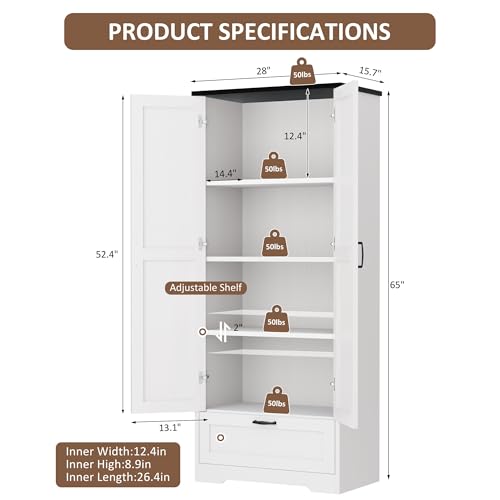 Vongrasig Kitchen Pantry Storage Cabinet with Barn Doors, Drawer and Adjustable Shelves, 4-Tier Tall Rustic Wood Cupboard Locker for Kitchen, Dining Room, Living Room, Bathroom, (White) Vongrasig