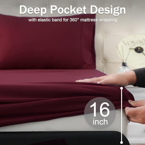 MICORAL Queen Bed Sheets Set, Soft Breathable Bedding Sheet Set, Sheets Set with 16" Deep Pocket Design (4 Pieces, Queen, Wine Red) MICORAL