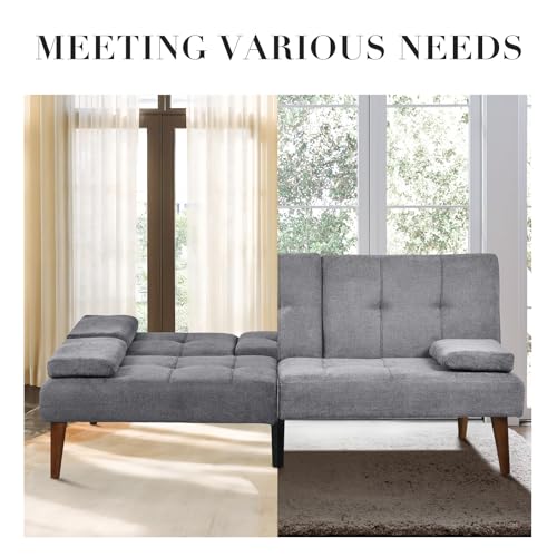 COLAMY Futon Sofa Bed-Fabric Small Futon Couch, Futon Lounge Sofa, Futon Convertible with 2 Cup Holders, Removable Soft Armrest, Adjustable Backrest for Dorm/Bedroom/College Lightgrey COLAMY