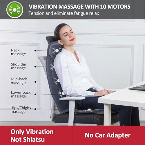 Snailax Massage Seat Cushion with Heat - Extra Memory Foam Support Pad in Neck and Lumbar,10 Vibration Massage Motors, 2 Heat Levels, Back Massager Chair Pad for Back Snailax
