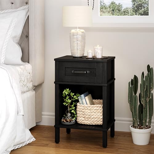 YAUKTAK Farmhouse Nightstand with Drawer, Small Wood Side Table, Wooden Bedroom Nightstand, Wood Night Stand, Black Bedside Table with Storage, Black End Table for Living Room LET512B YAUKTAK