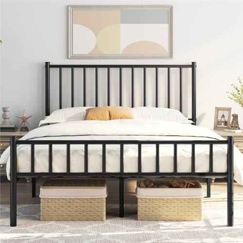 Yaheetech 14 Inch Queen Size Bed Frame Metal Platform Bed with Spindle Headboard Footboard/Mattress Foundation/No Box Spring Needed/Underbed Storage Space/Steel Slat Support/Easy Set up, Black Yaheetech